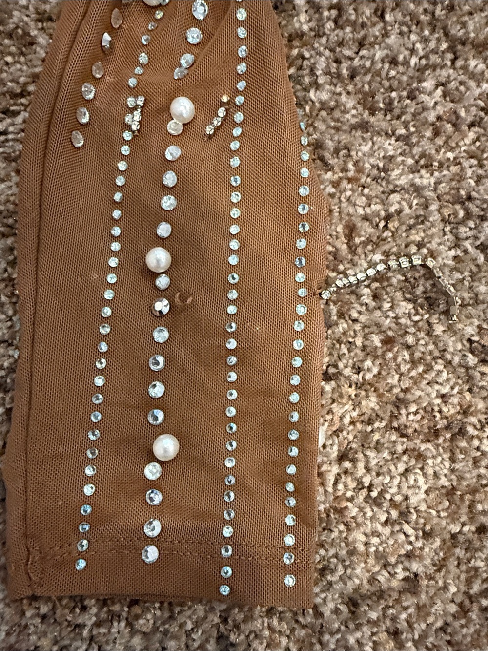 Banjul Tan Long Sleeve Crystal-Embellished Evening Gown - Picture 4 of 8